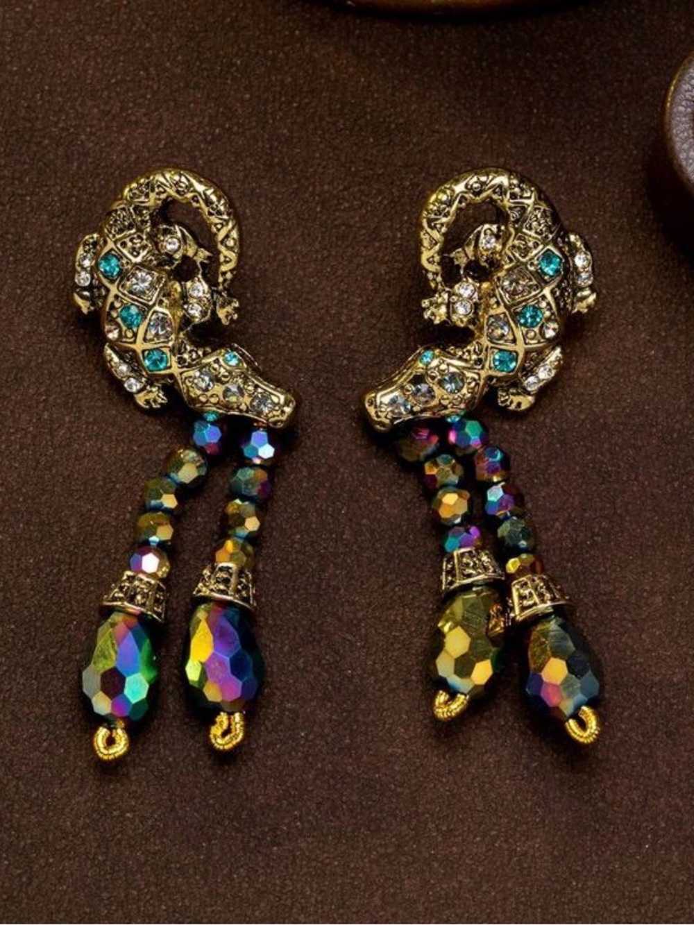 Vintage Gold-tone Paisley Earrings with Teal and Iridescent Beads